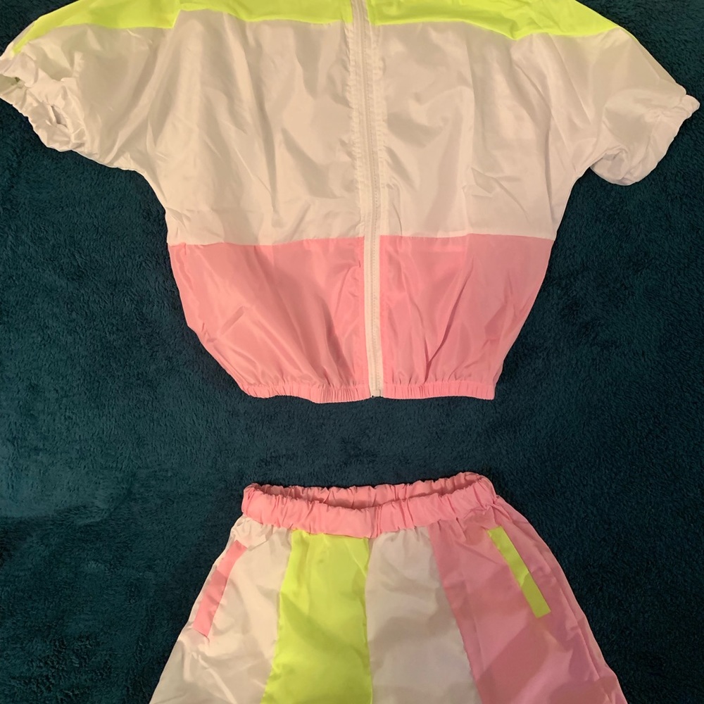 Pink/White/Lime Green 2 Piece Short Set